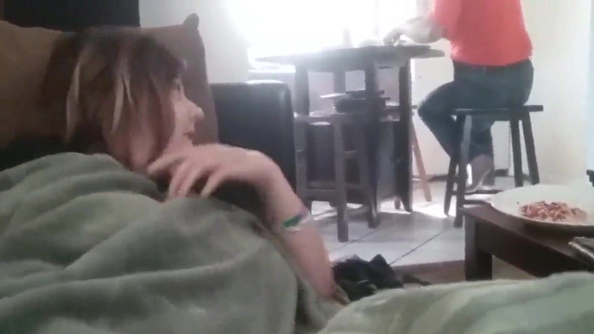 Siblings fap on the daybed whilst dad is in the room Siblings wank on the bed during the time that daddy is in the apartment After this guy turns away they came together